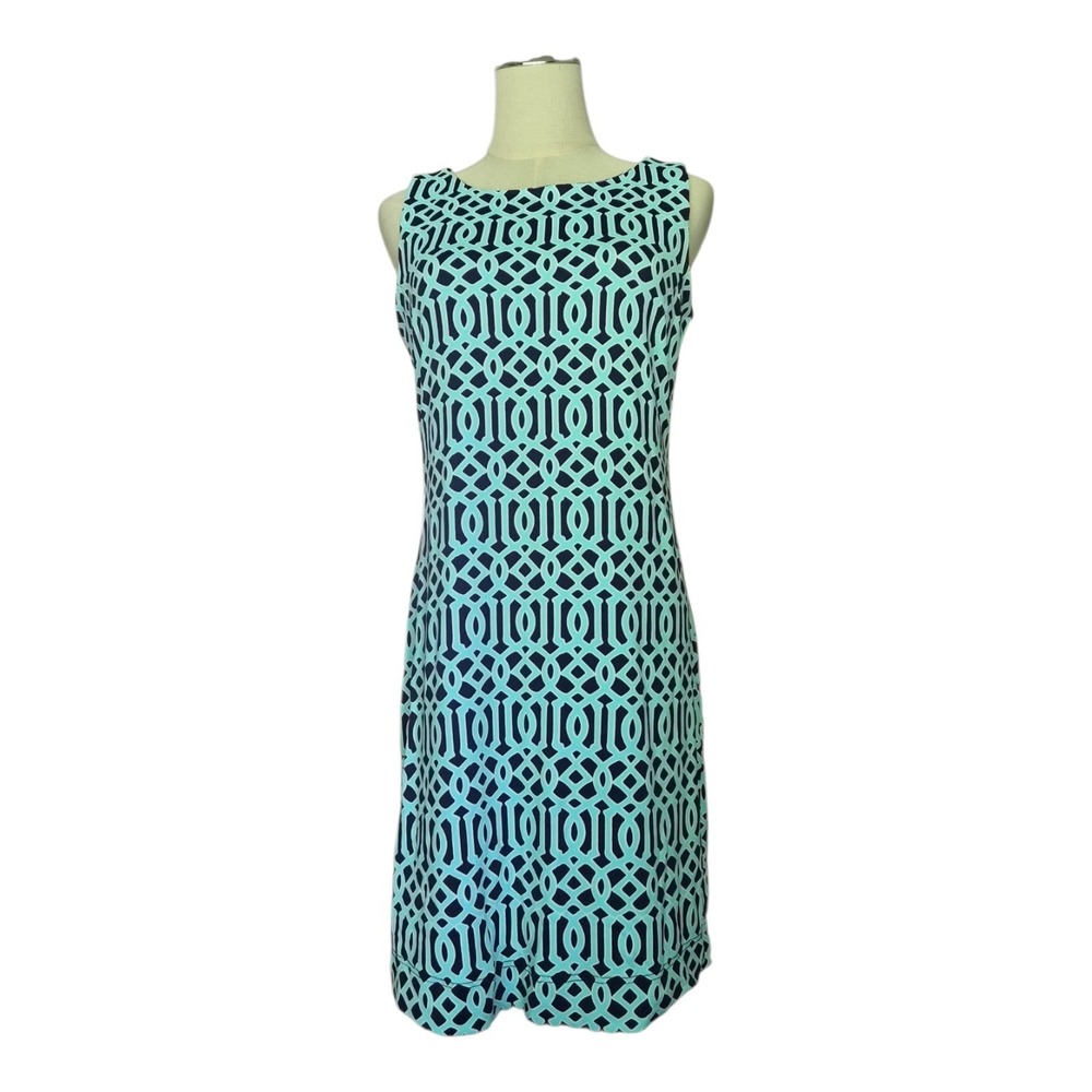 Lula B Colorful Comfy Geometric Print Sleeveless‎ Shift Dress Size Small Tennis